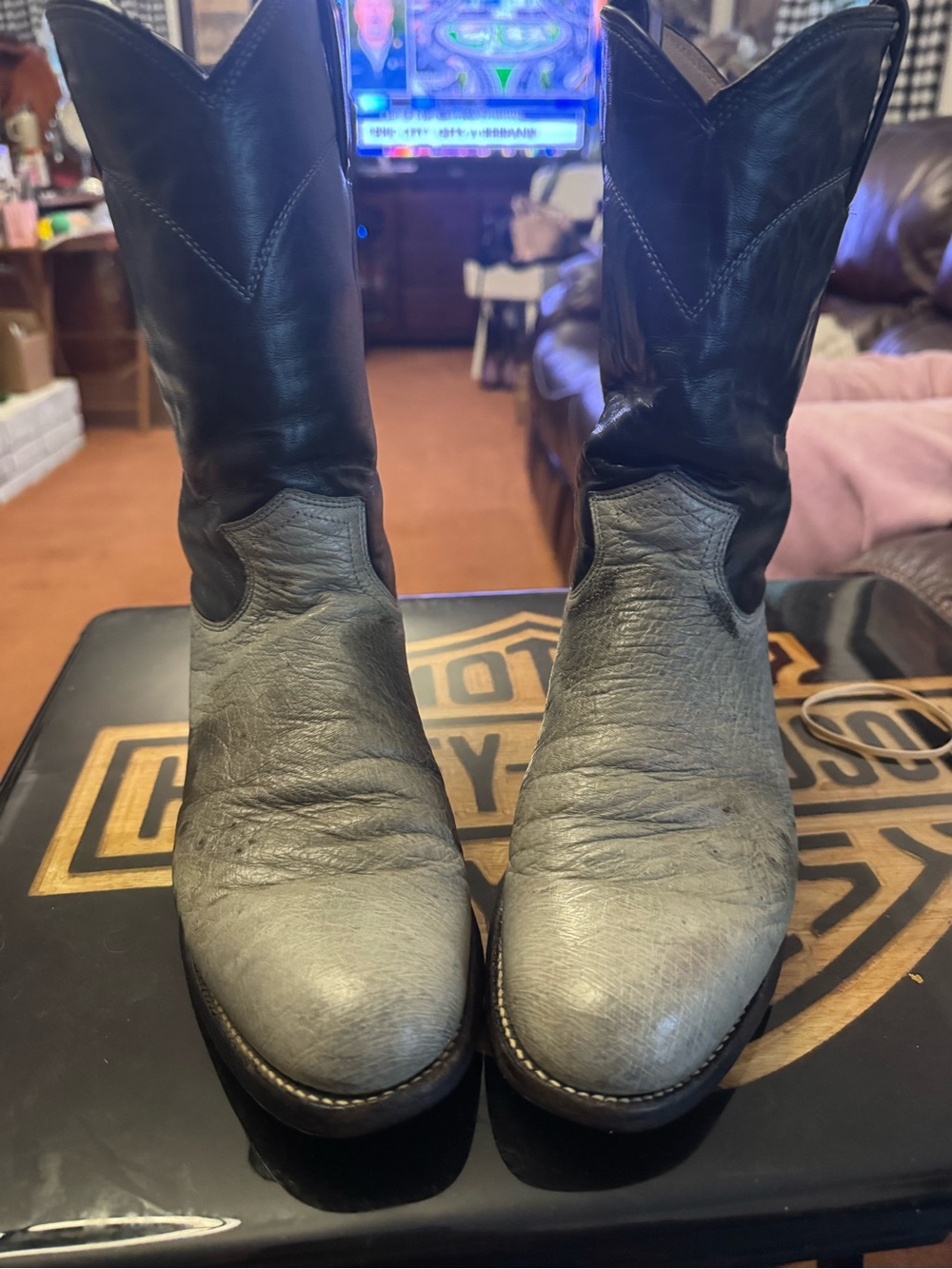 Justin Boots Two-Tone Black and Gray Leather Western Boots Smooth Ostricb